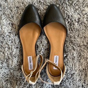 Steve Madden Inna Black and White Leather Ankle Strap Closed Toe Wedge Shoes